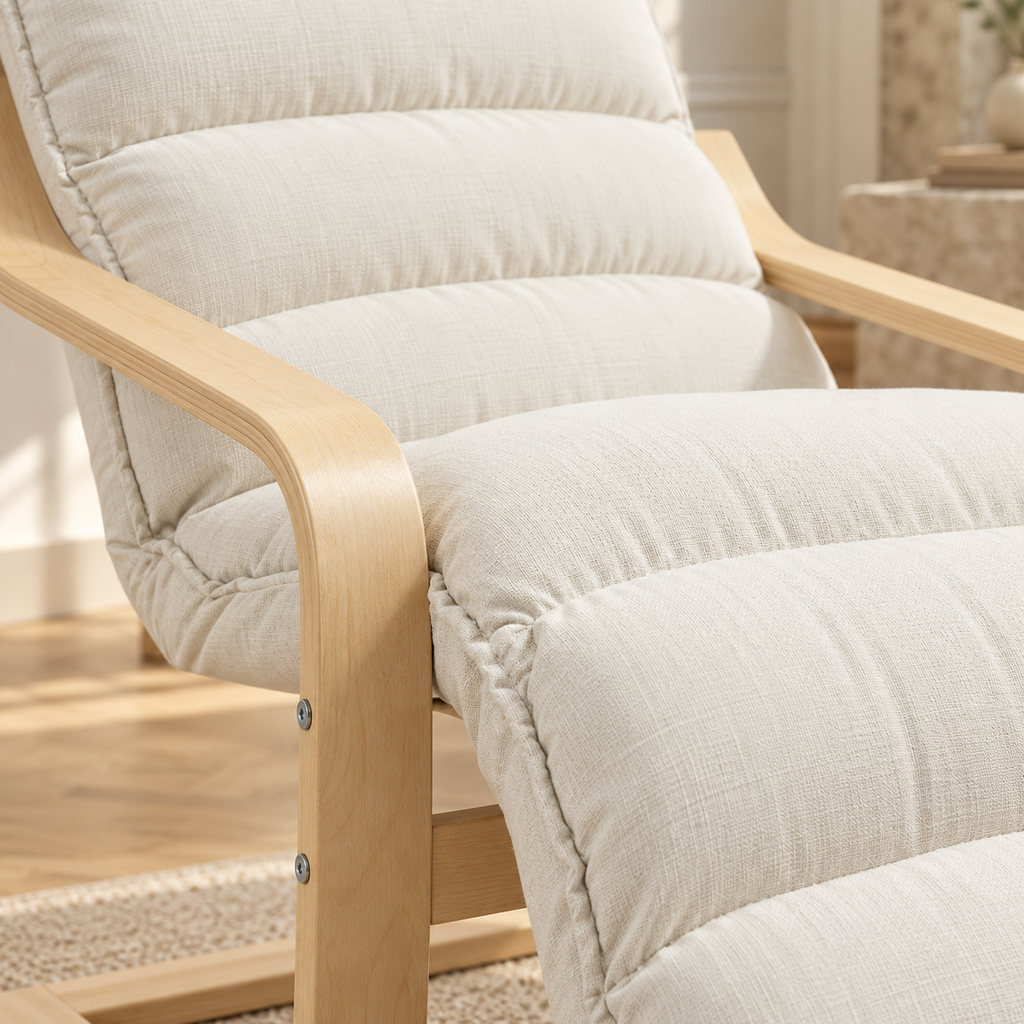 Fauteuil de relaxation crème en bois avec repose-pieds réglable, gros plan du revêtement et des finitions