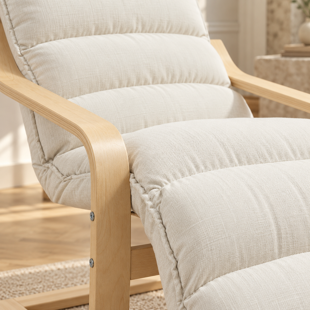 Fauteuil de relaxation crème en bois avec repose-pieds réglable, gros plan du revêtement et des finitions