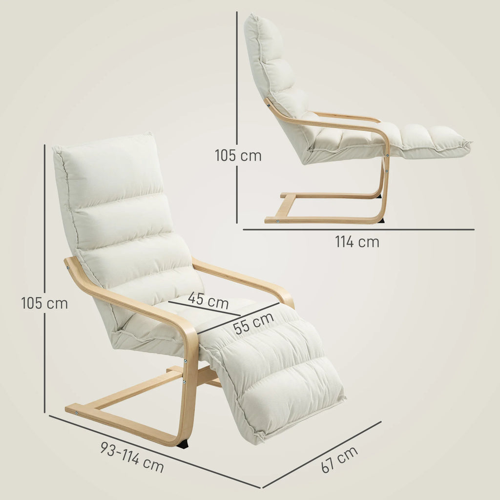 Fauteuil de relaxation crème en bois avec repose-pieds réglable, dimensions et positions du repose-pieds