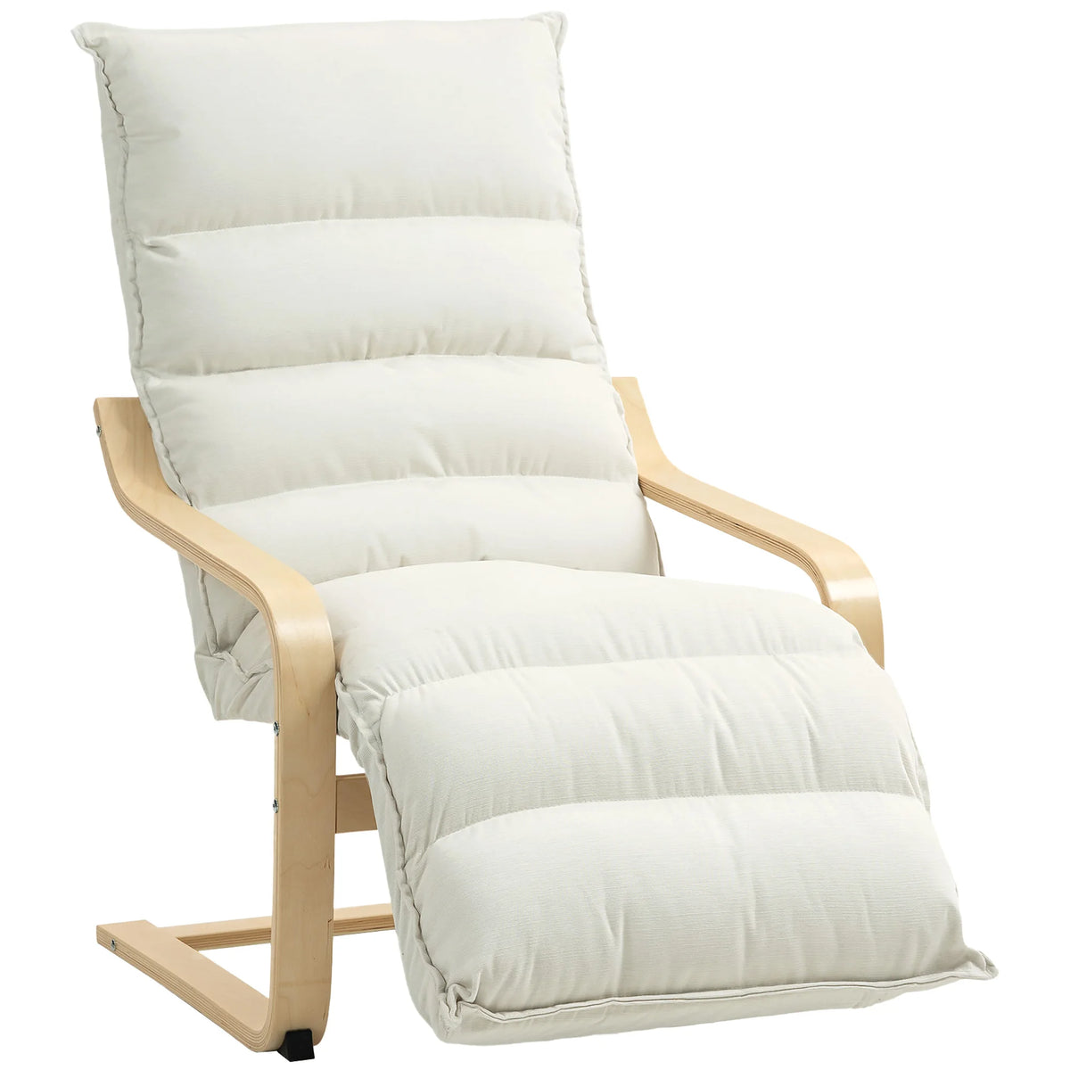 Fauteuil de relaxation crème en bois avec repose-pieds réglable, vue sur fond blanc