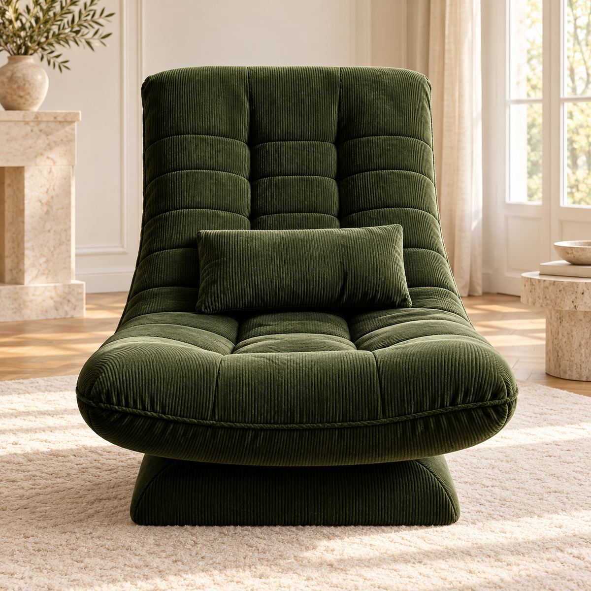 Fauteuil de relaxation en velours côtelé, vert, autre angle dans un salon lumineux