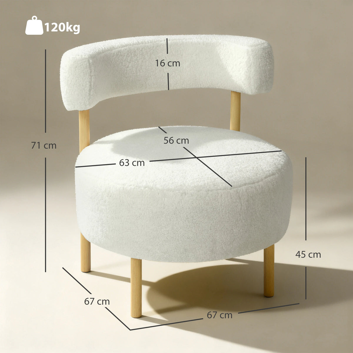 Fauteuil en bouclette crème à dossier incurvé et pieds en bois, dimensions du fauteuil