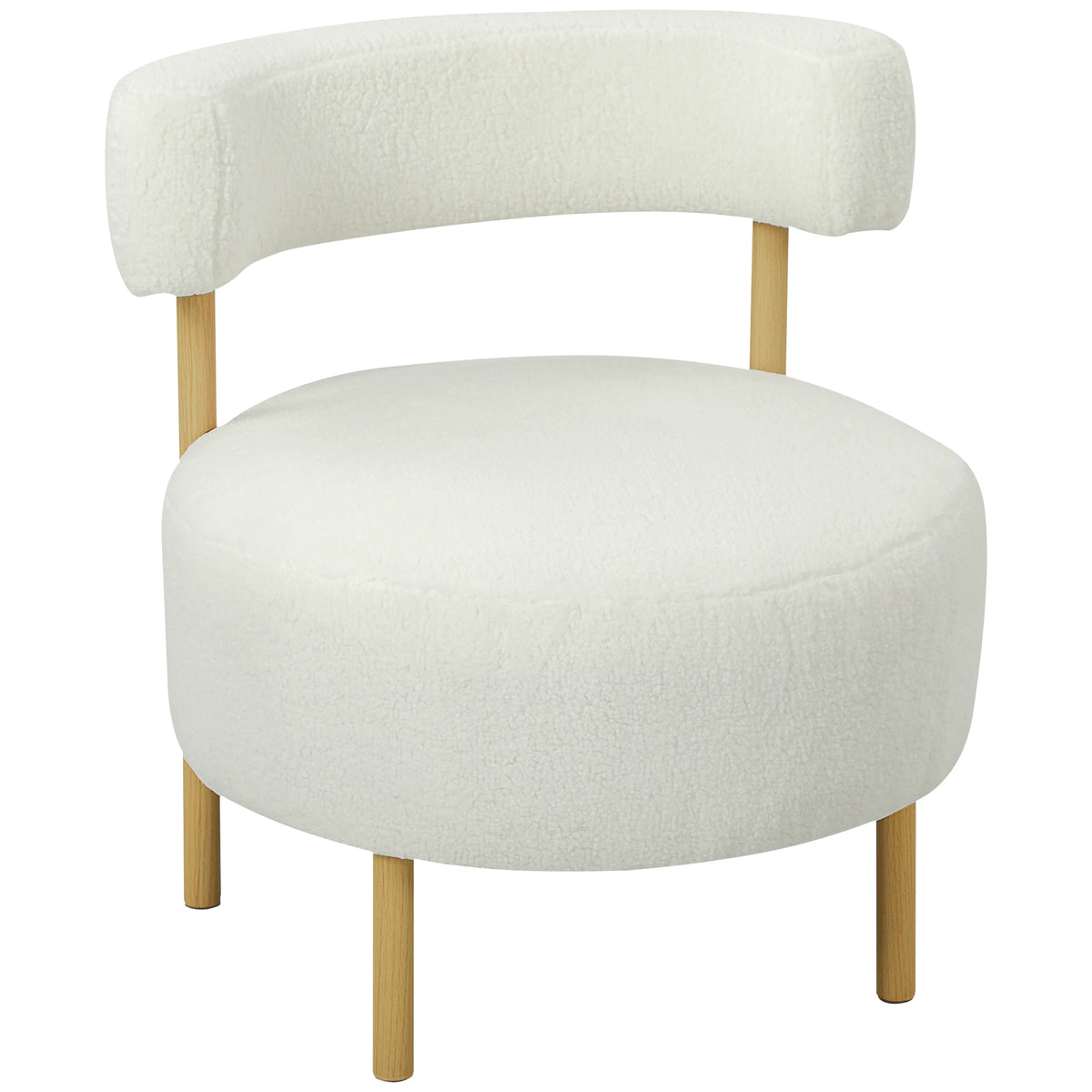 Fauteuil en bouclette crème à dossier incurvé et pieds en bois, vue sur fond blanc