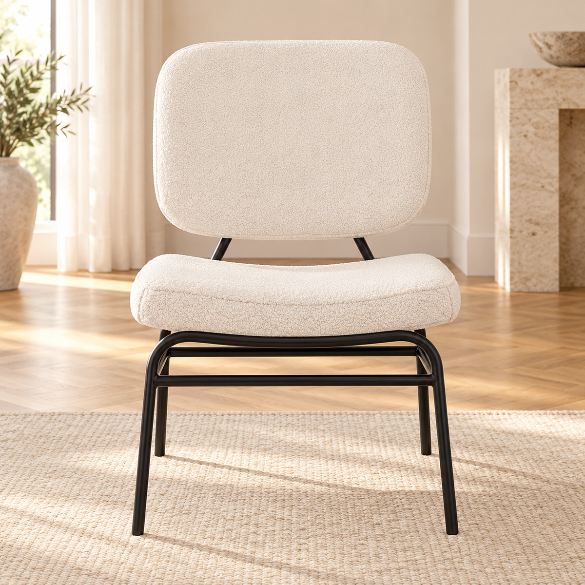 Fauteuil en sherpa crème à structure métal noire, autre angle dans un salon lumineux