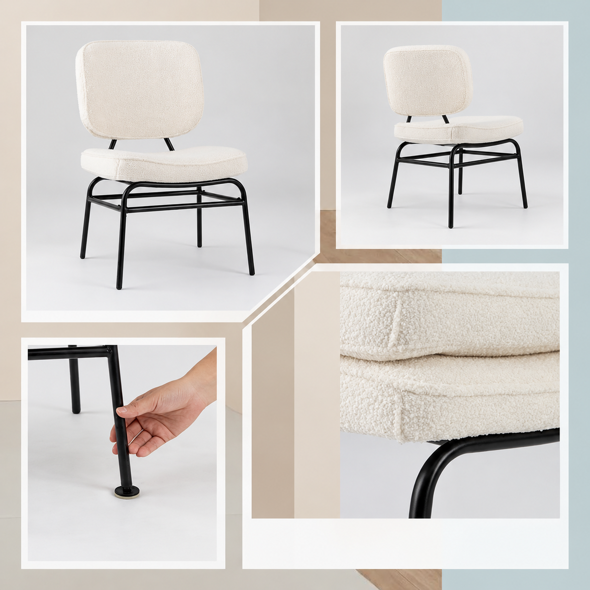 Fauteuil en sherpa crème à structure métal noire, détails de la structure, des pieds et du rembourrage