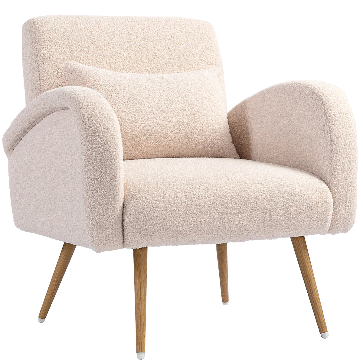 Fauteuil en tissu bouclé à pieds en bois, vue d’ensemble sur fond blanc