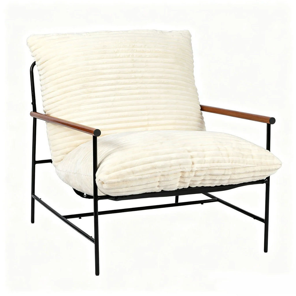 Fauteuil en velours côtelé à accoudoirs en bois et cadre métal, blanc, sur fond blanc