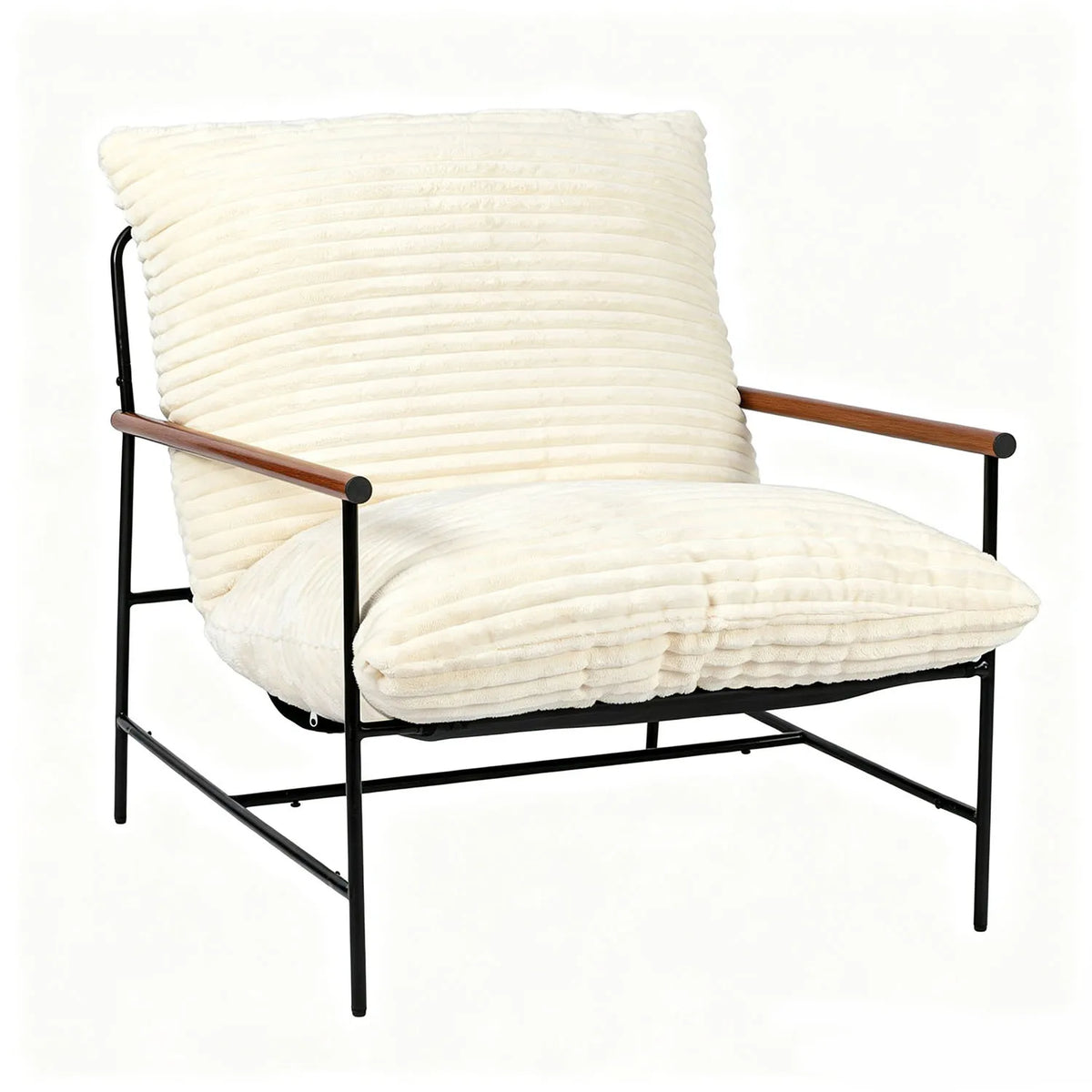 Fauteuil en velours côtelé à accoudoirs en bois et cadre métal, blanc, sur fond blanc
