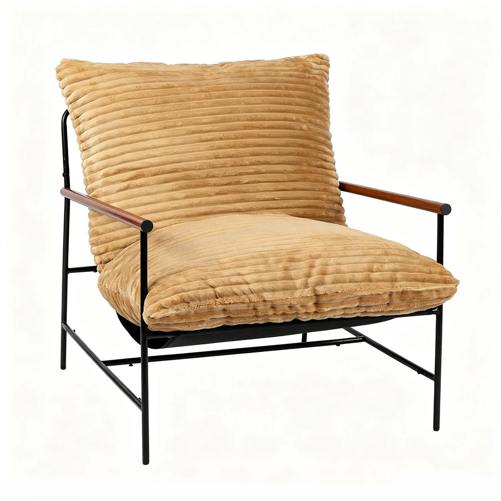 Fauteuil en velours côtelé à accoudoirs en bois et cadre métal, coloris kaki, sur fond blanc