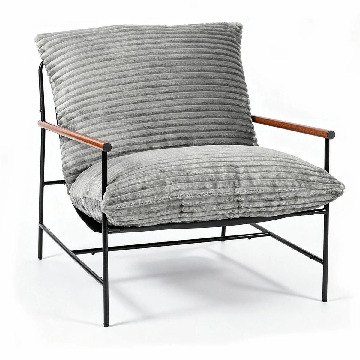 Fauteuil en velours côtelé à accoudoirs en bois et cadre métal, gris, sur fond blanc