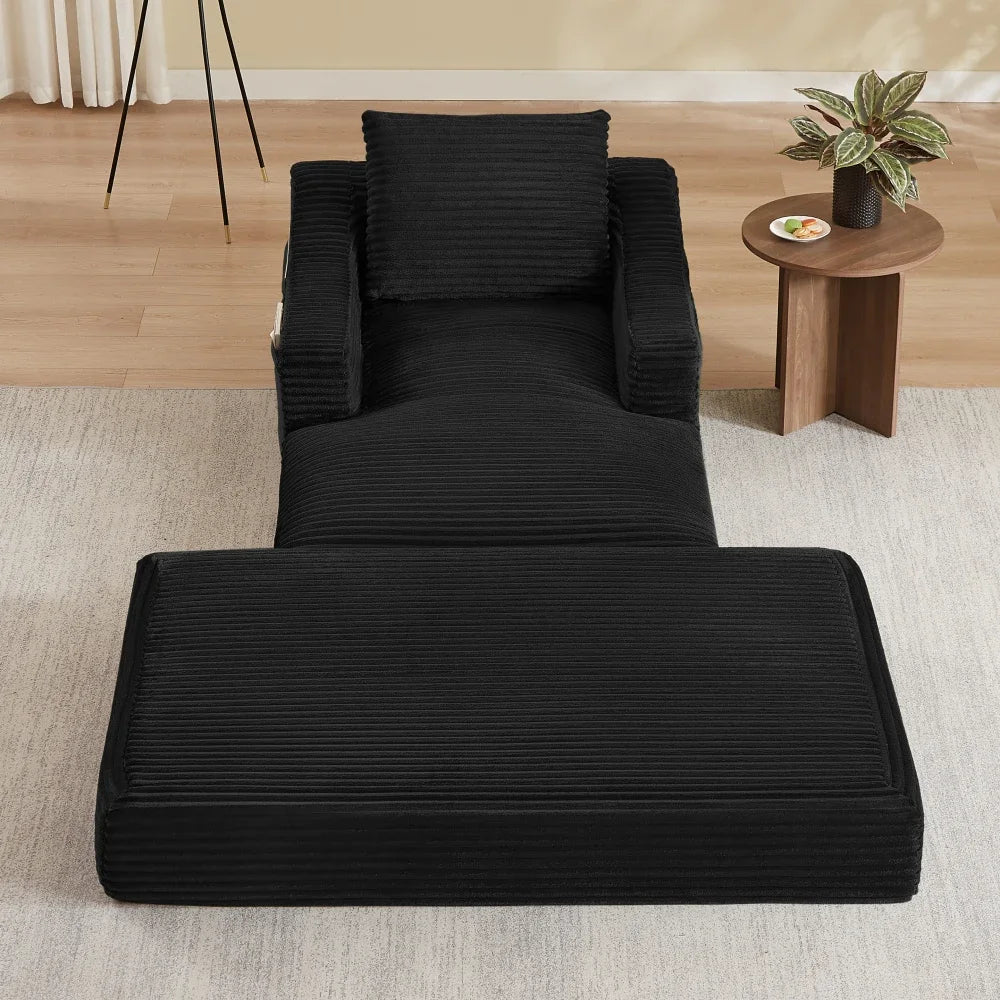 Fauteuil et repose-pieds modulables en velours côtelé noir, repose-pieds séparé devant le fauteuil