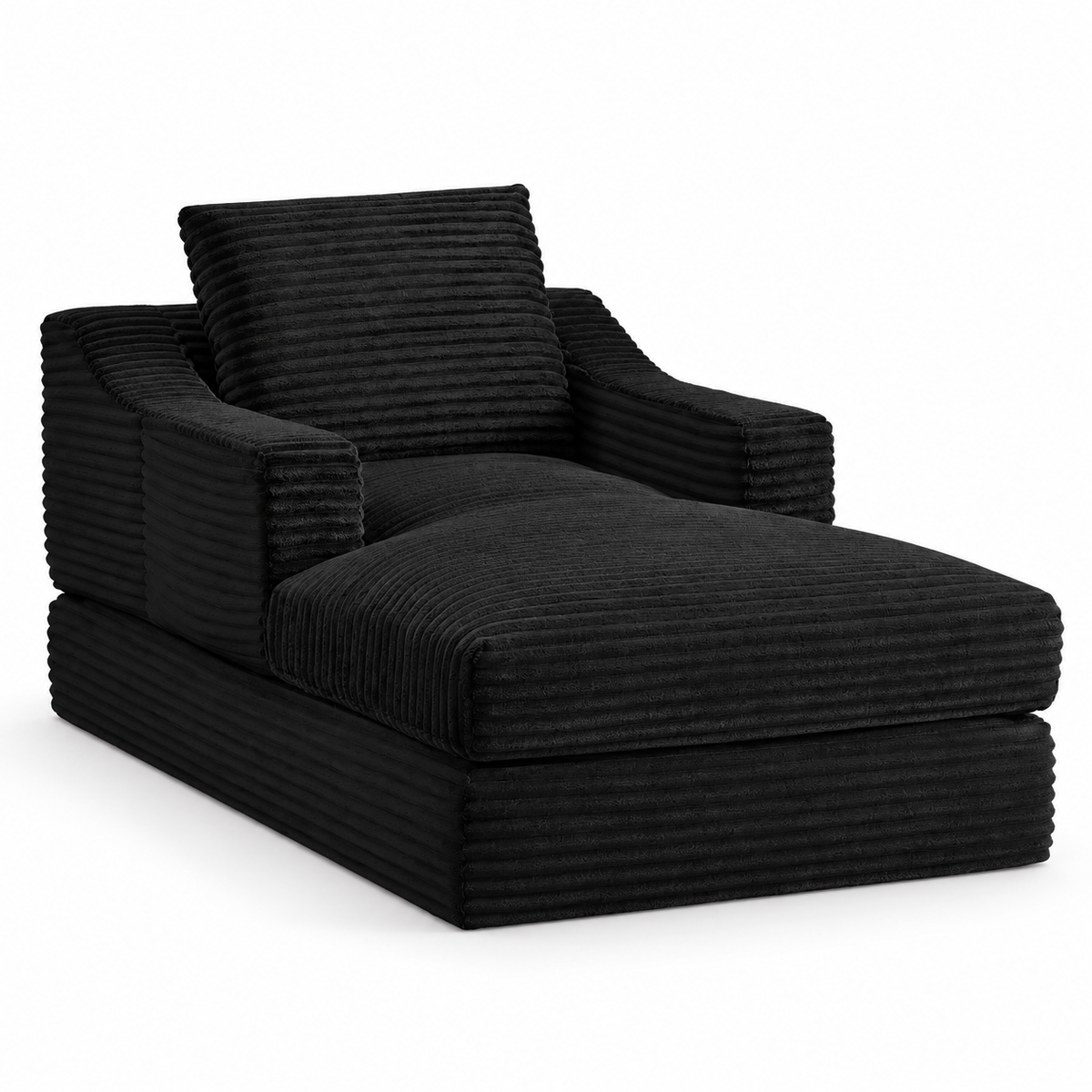 Fauteuil et repose-pieds modulables en velours côtelé noir, ensemble en position fermée sur fond blanc