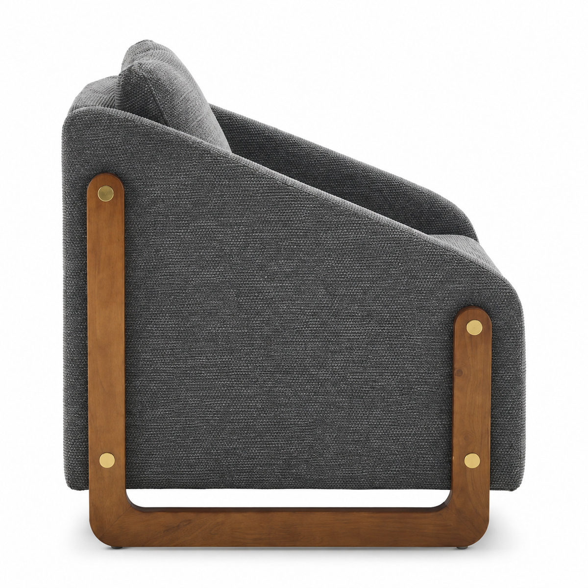 Fauteuil gris en chenille à structure bois apparente, vue de profil sur fond blanc