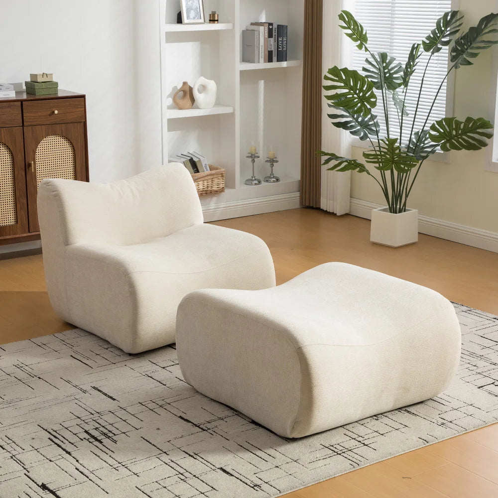 Fauteuil modulable en chenille avec repose-pieds, beige, ensemble dans un salon