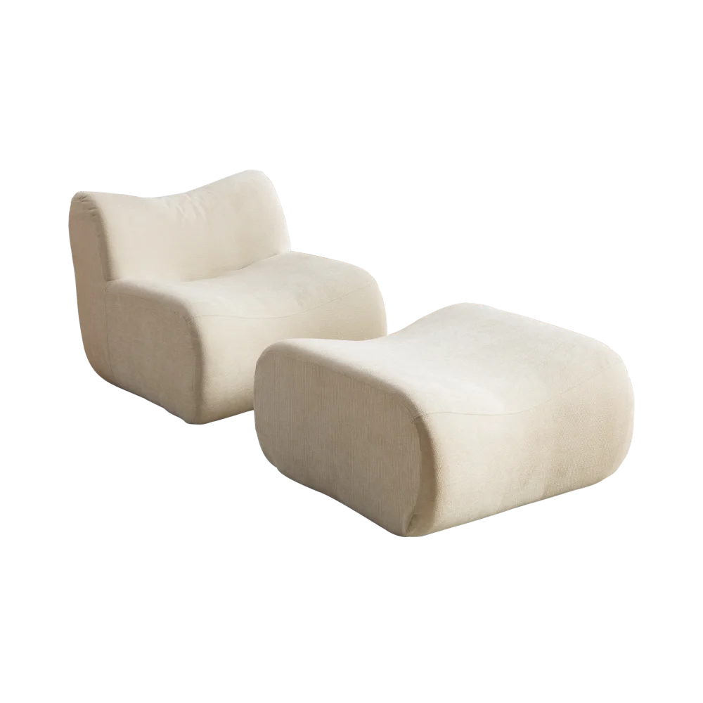 Fauteuil modulable en chenille avec repose-pieds, beige, ensemble sur fond blanc