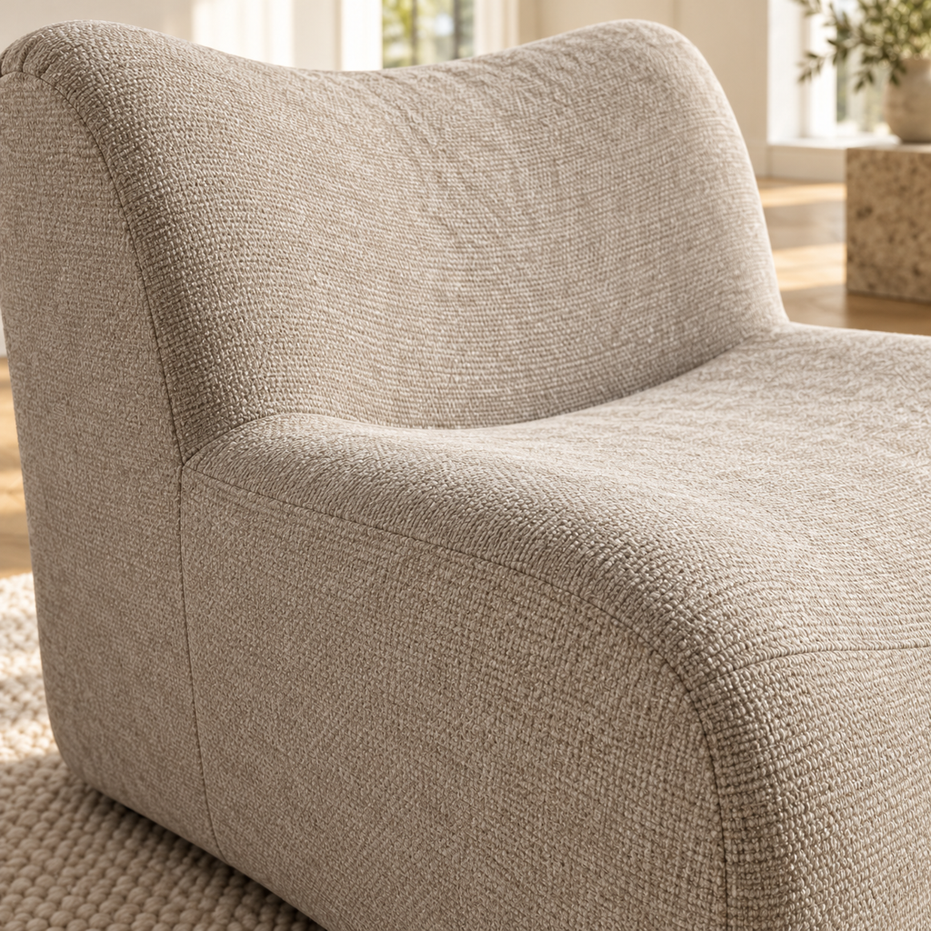 Fauteuil modulable en chenille avec repose-pieds, gris, ensemble, gros plan du revêtement et des finitions