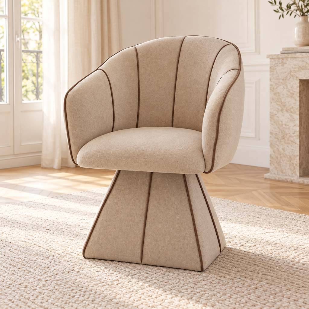 Fauteuil pivotant, camel, autre angle dans un salon lumineux