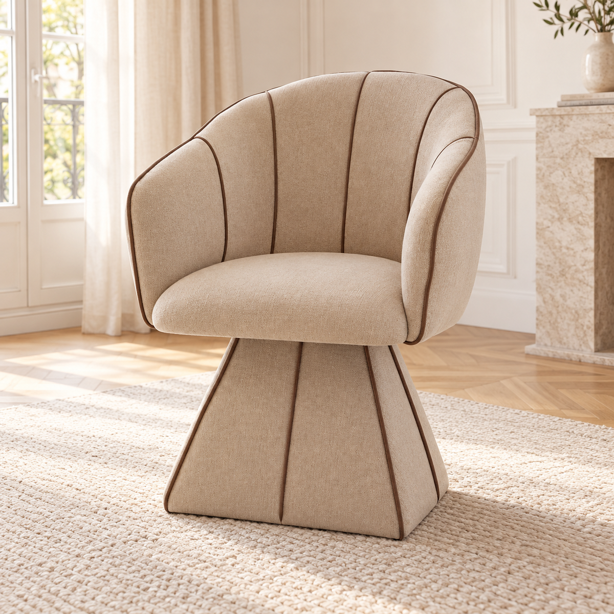 Fauteuil pivotant, camel, autre angle dans un salon lumineux