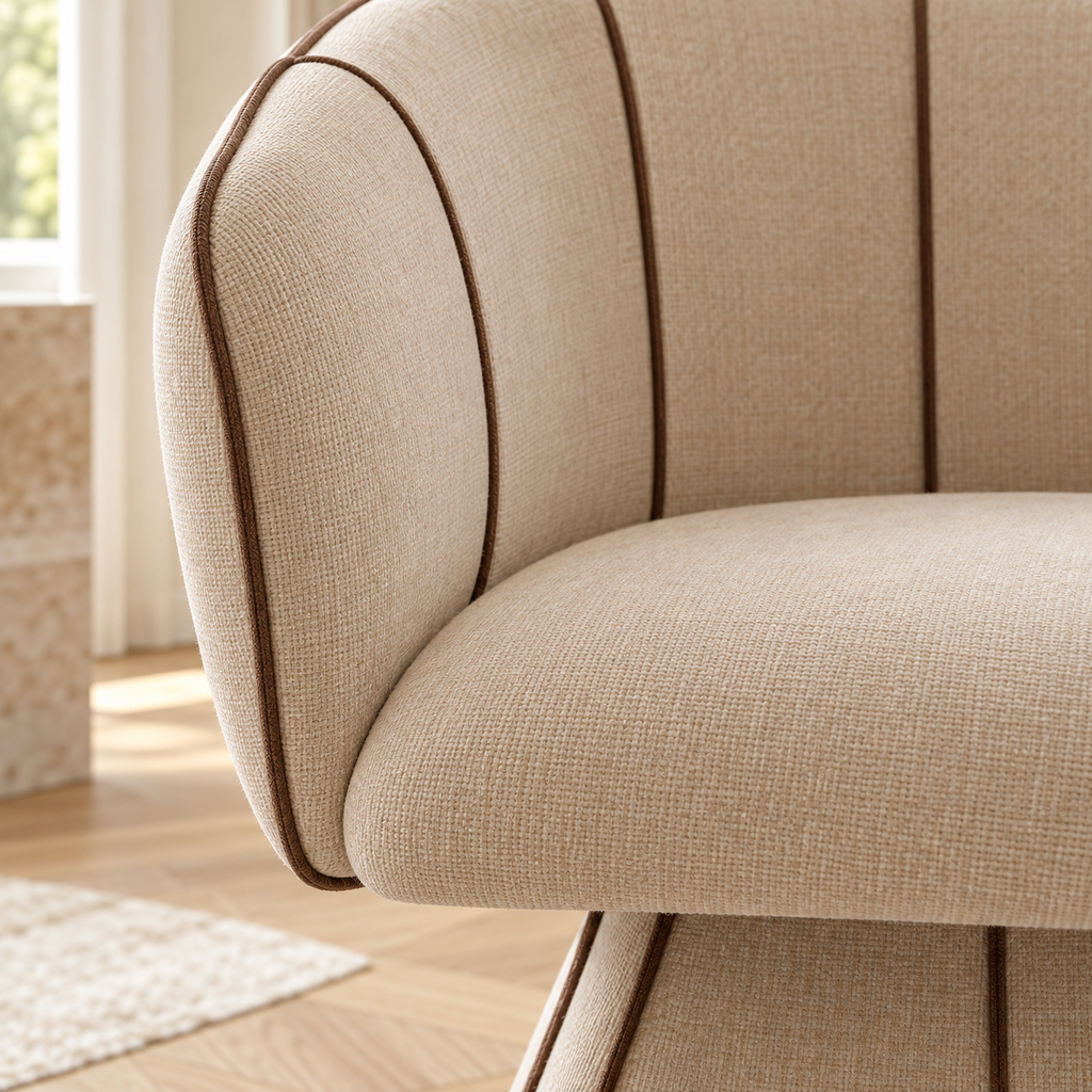 Fauteuil pivotant, camel, gros plan du revêtement et des finitions
