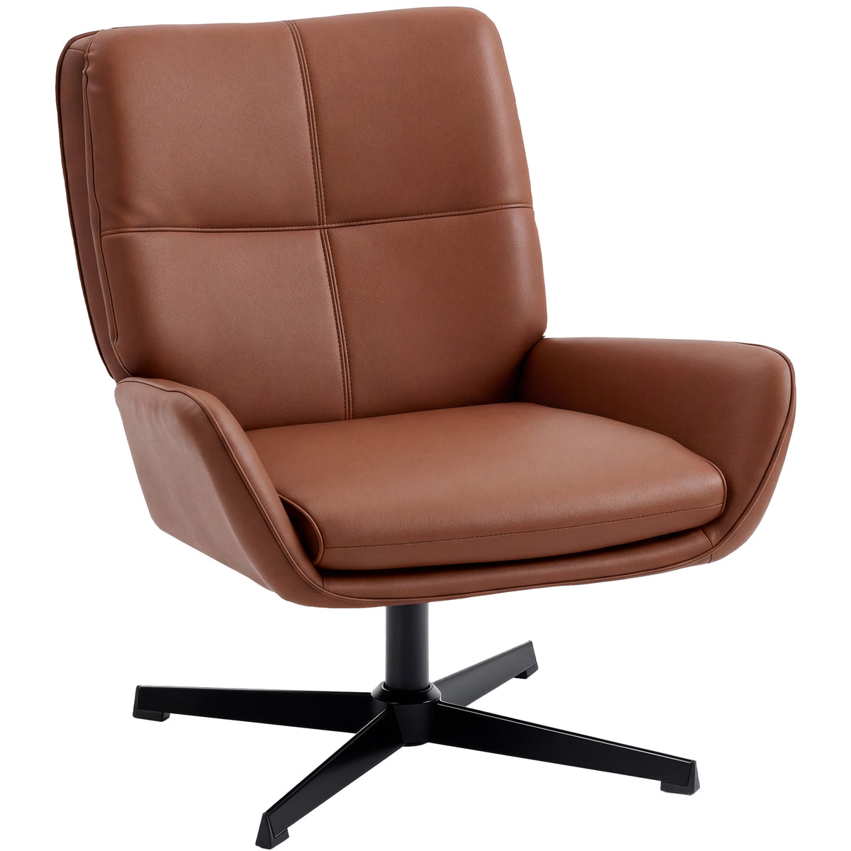 Fauteuil pivotant marron aspect cuir à pied étoile noir, vue sur fond blanc