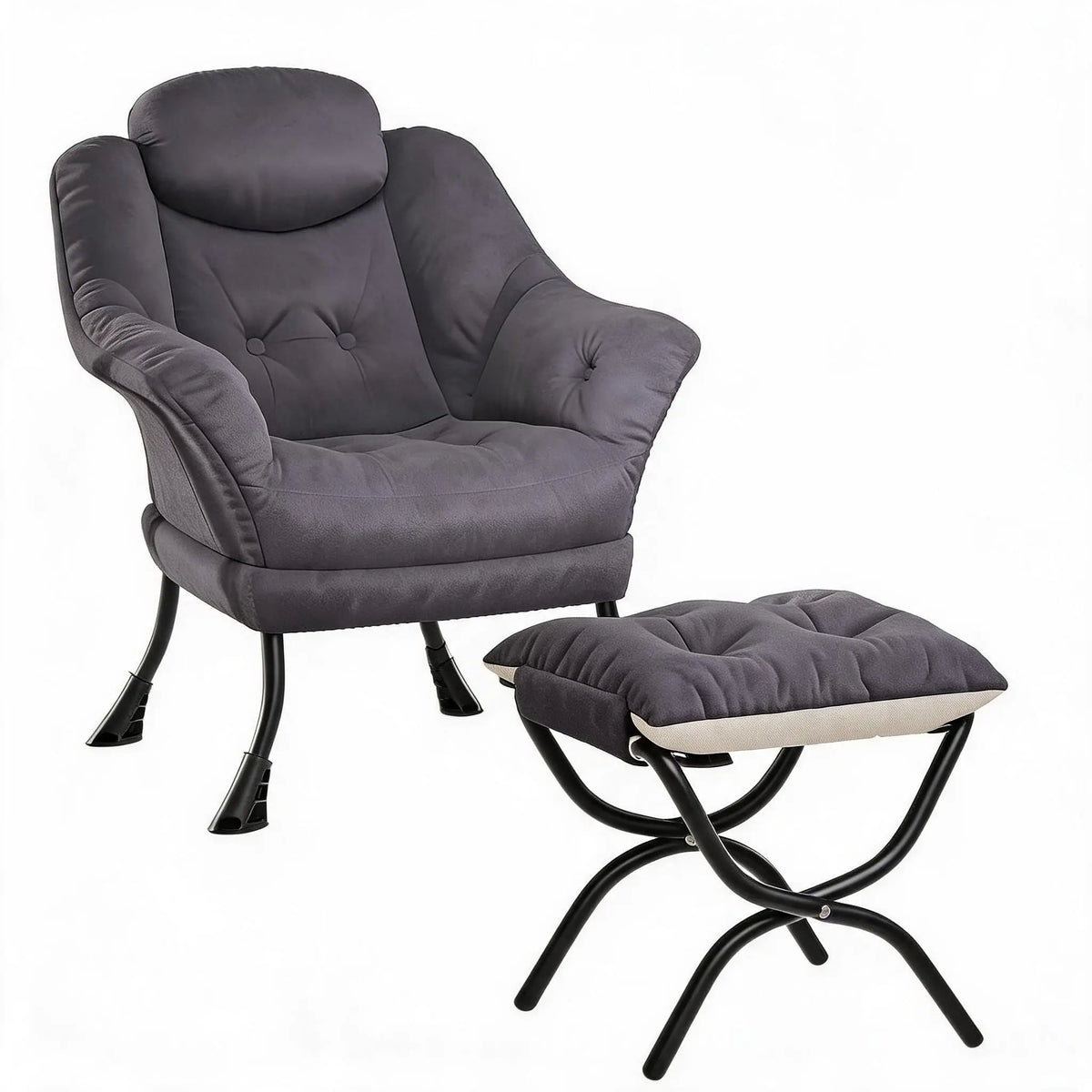 Fauteuil relax gris avec repose-pieds assorti, ensemble sur fond blanc