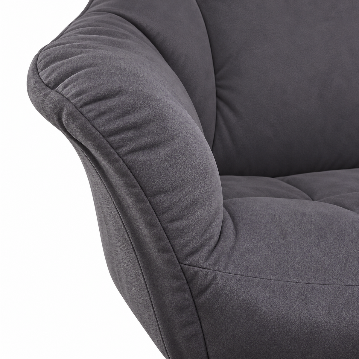 Fauteuil relax gris avec repose-pieds assorti, détail du tissu gris et du rembourrage
