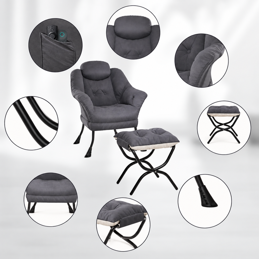 Fauteuil relax gris avec repose-pieds assorti, détails de la poche, des coussins et de la structure