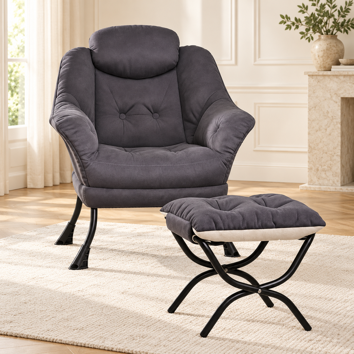 Fauteuil relax gris avec repose-pieds assorti, ensemble, autre angle dans un salon lumineux