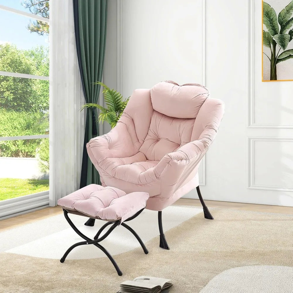 Fauteuil de relaxation en velours rose avec pouf