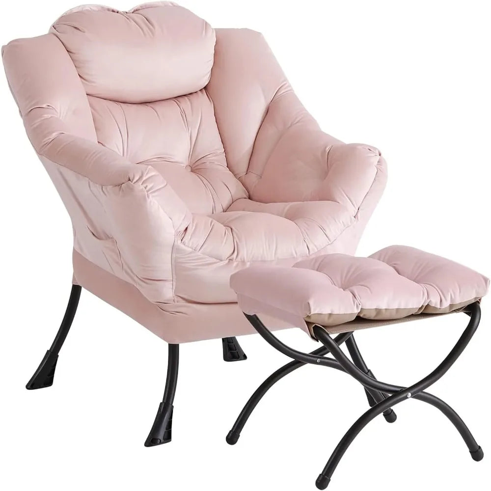 Fauteuil relax rose en velours avec repose-pieds, ensemble sur fond blanc
