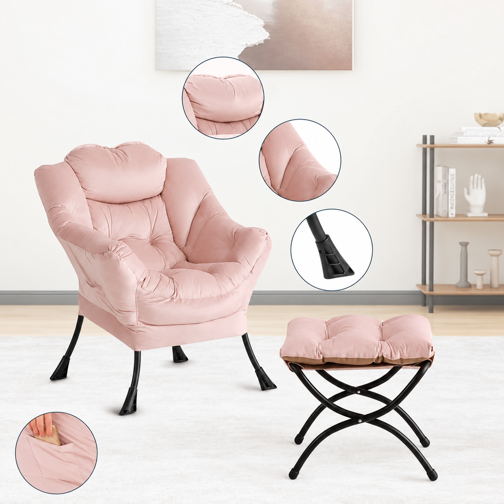 Fauteuil relax rose en velours avec repose-pieds, détails des coussins, de la poche et du piètement