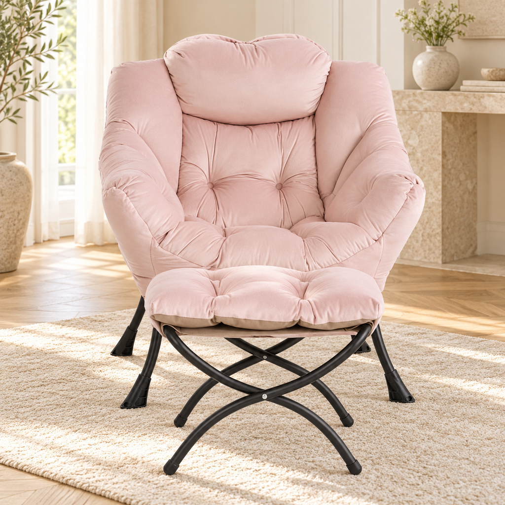 Fauteuil relax rose en velours avec repose-pieds, ensemble, autre angle dans un salon lumineux