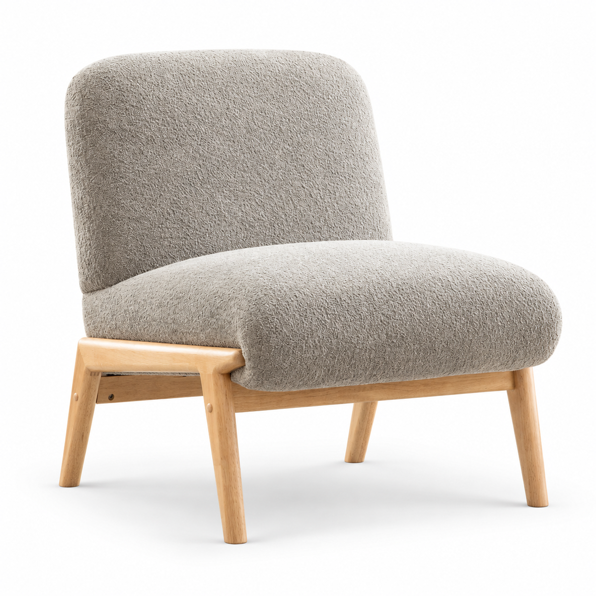 Fauteuil rembourré à pieds en bois clair, gris, vue sur fond blanc