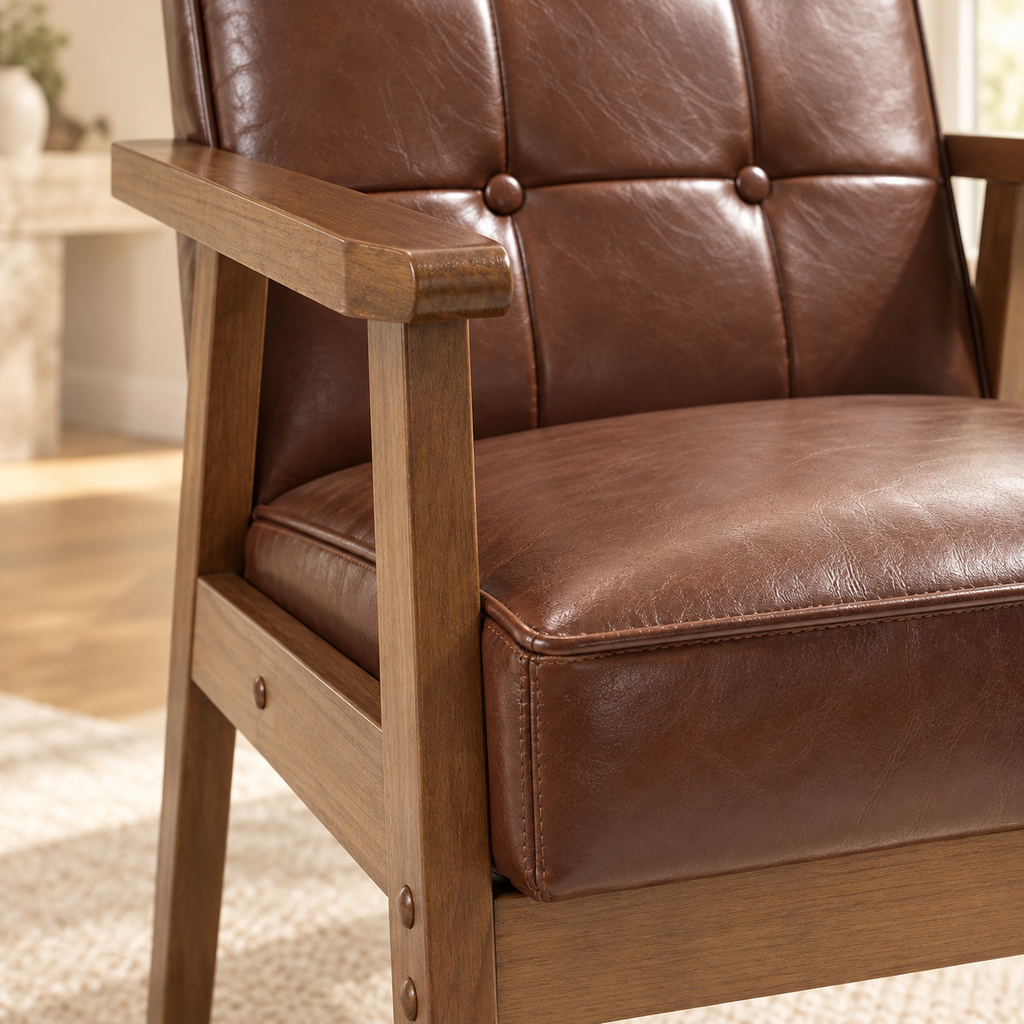Fauteuil rétro marron aspect cuir à accoudoirs en bois, gros plan du revêtement et des finitions