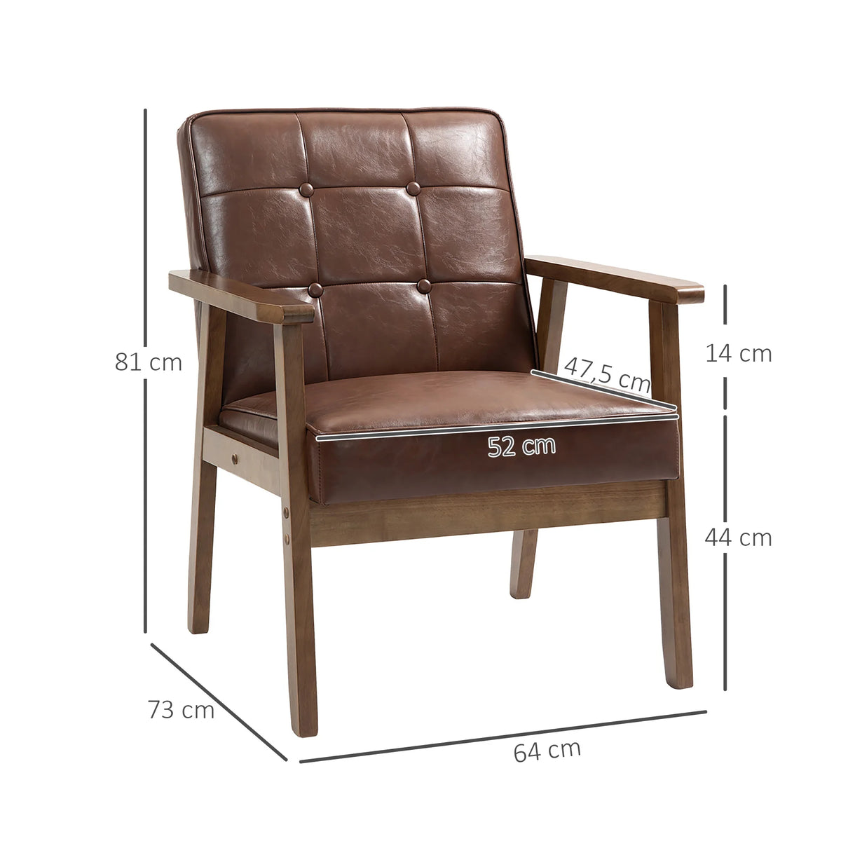 Fauteuil rétro marron aspect cuir à accoudoirs en bois, dimensions du fauteuil
