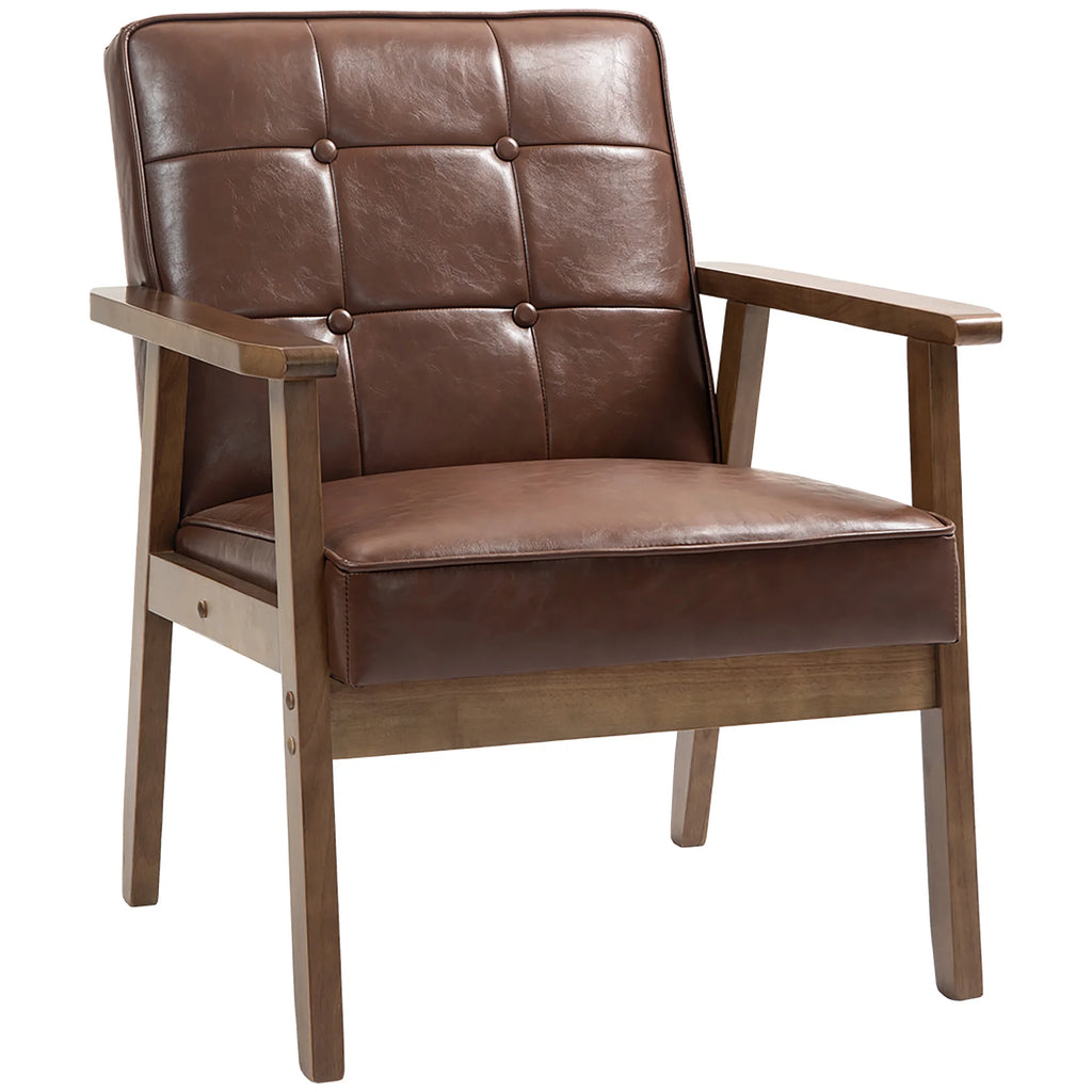 Fauteuil rétro marron aspect cuir à accoudoirs en bois, vue sur fond blanc