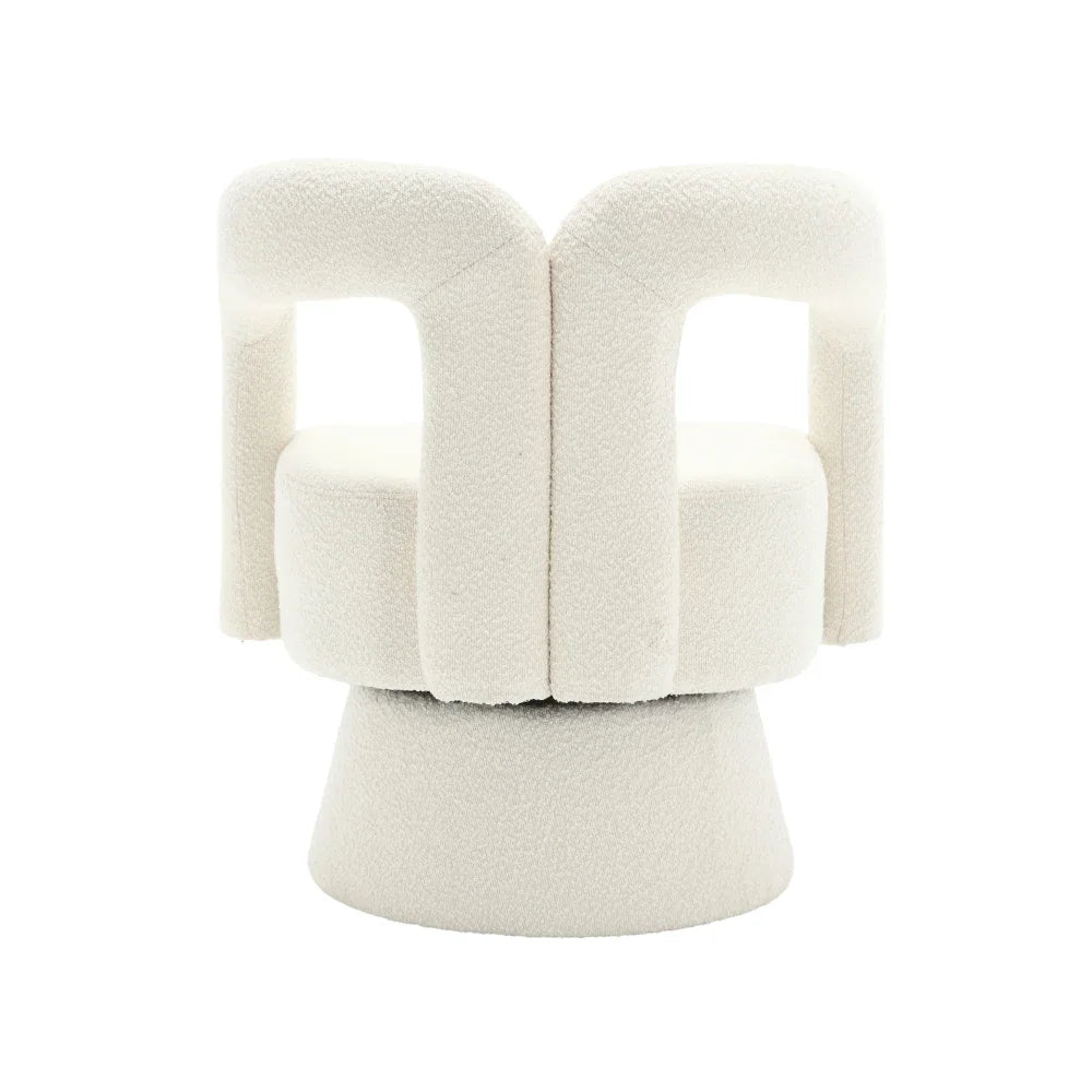 Fauteuil rond pivotant en tissu bouclé, beige, vue arrière sur fond blanc