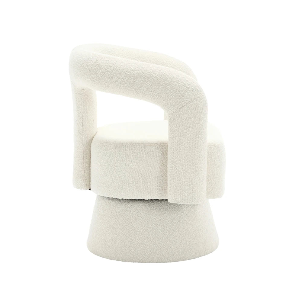 Fauteuil rond pivotant en tissu bouclé, beige, vue de profil sur fond blanc