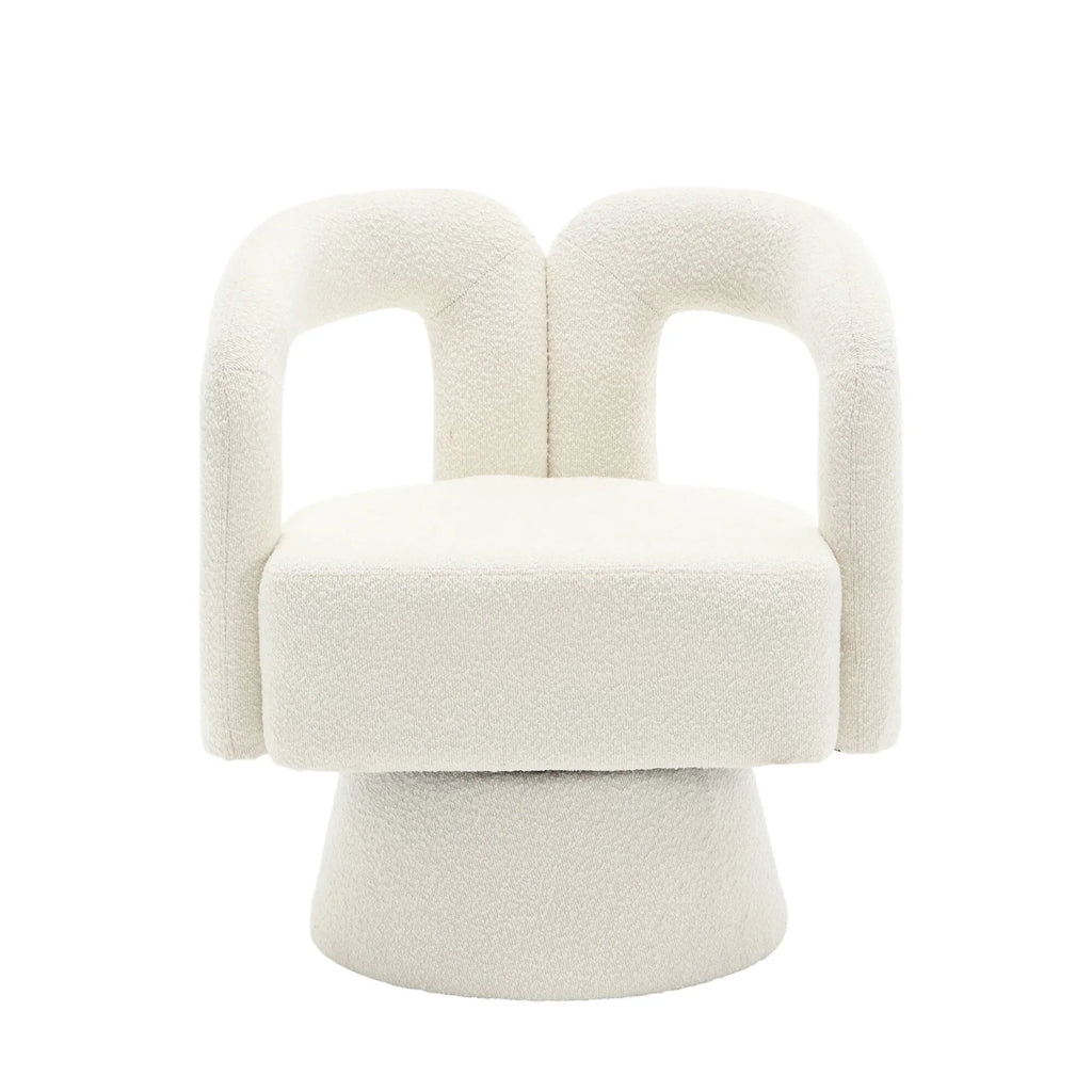 Fauteuil rond pivotant en tissu bouclé, beige, vue frontale sur fond blanc