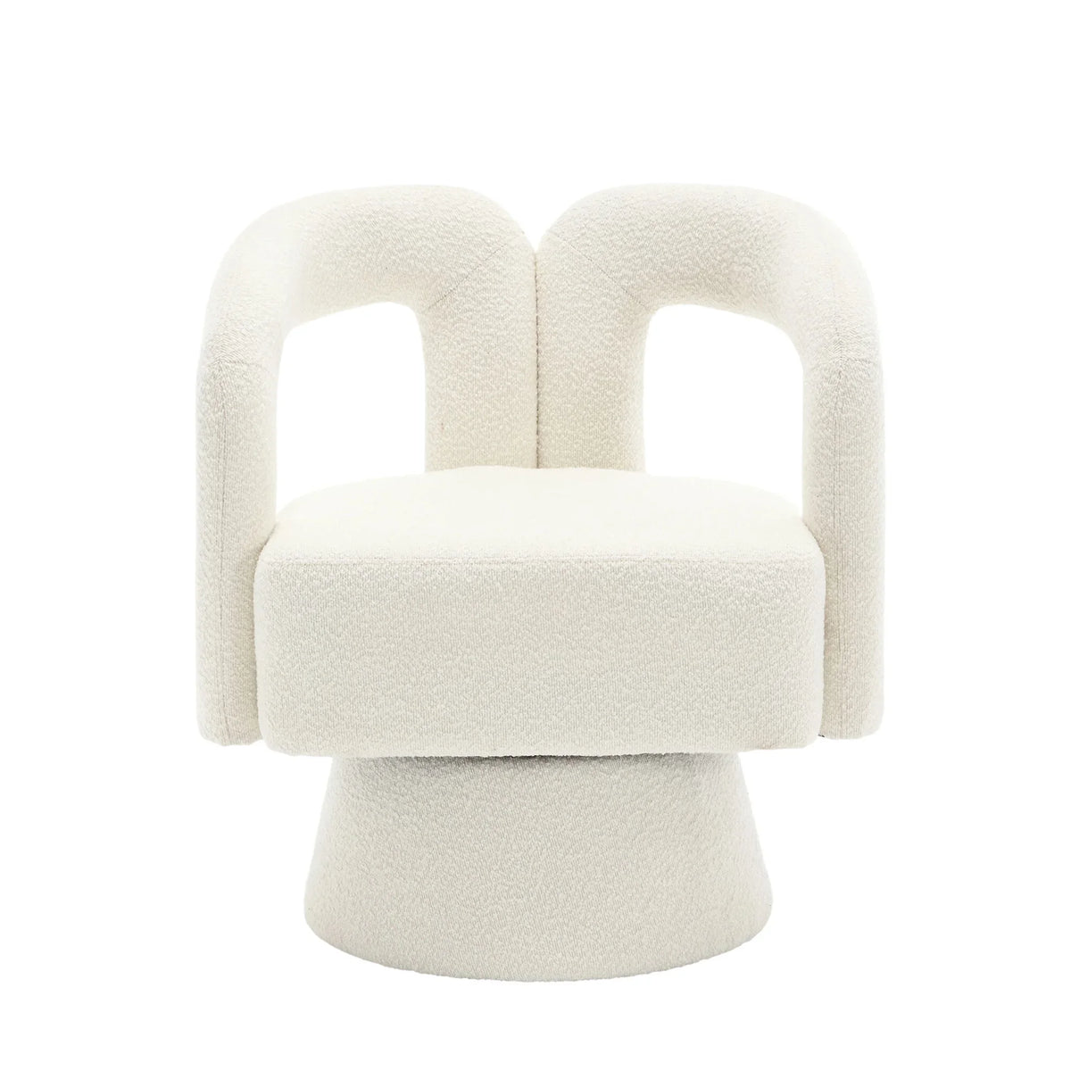 Fauteuil rond pivotant en tissu bouclé, beige, vue frontale sur fond blanc