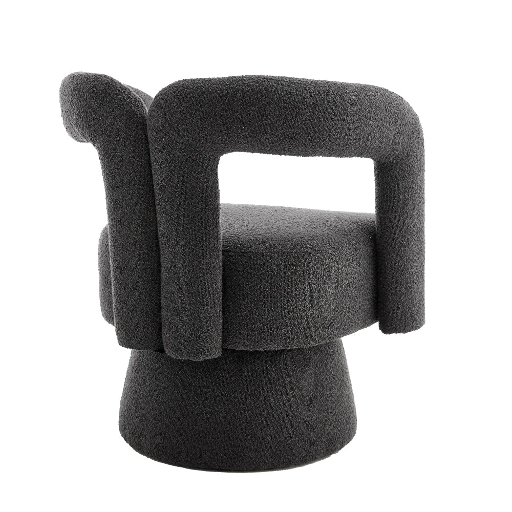 Fauteuil rond pivotant en tissu bouclé, gris foncé, vue arrière sur fond blanc