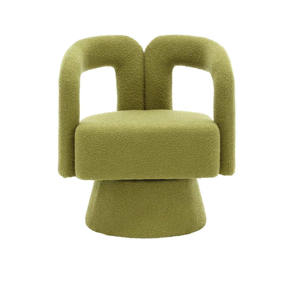 Fauteuil rond pivotant en tissu bouclé, vert olive, sur fond blanc