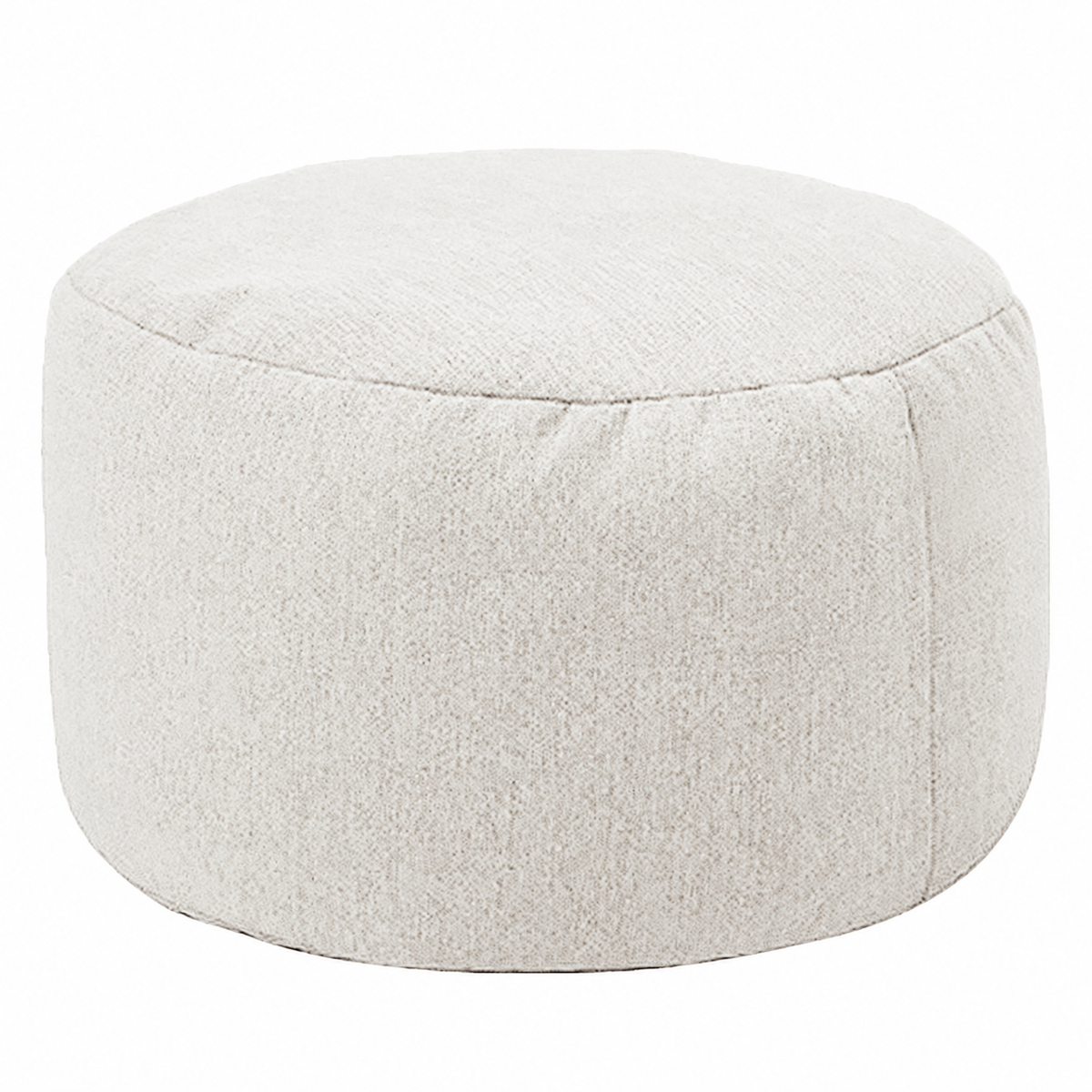 Petit pouf rond rembourré en tissu, blanc beige, vue sur fond blanc