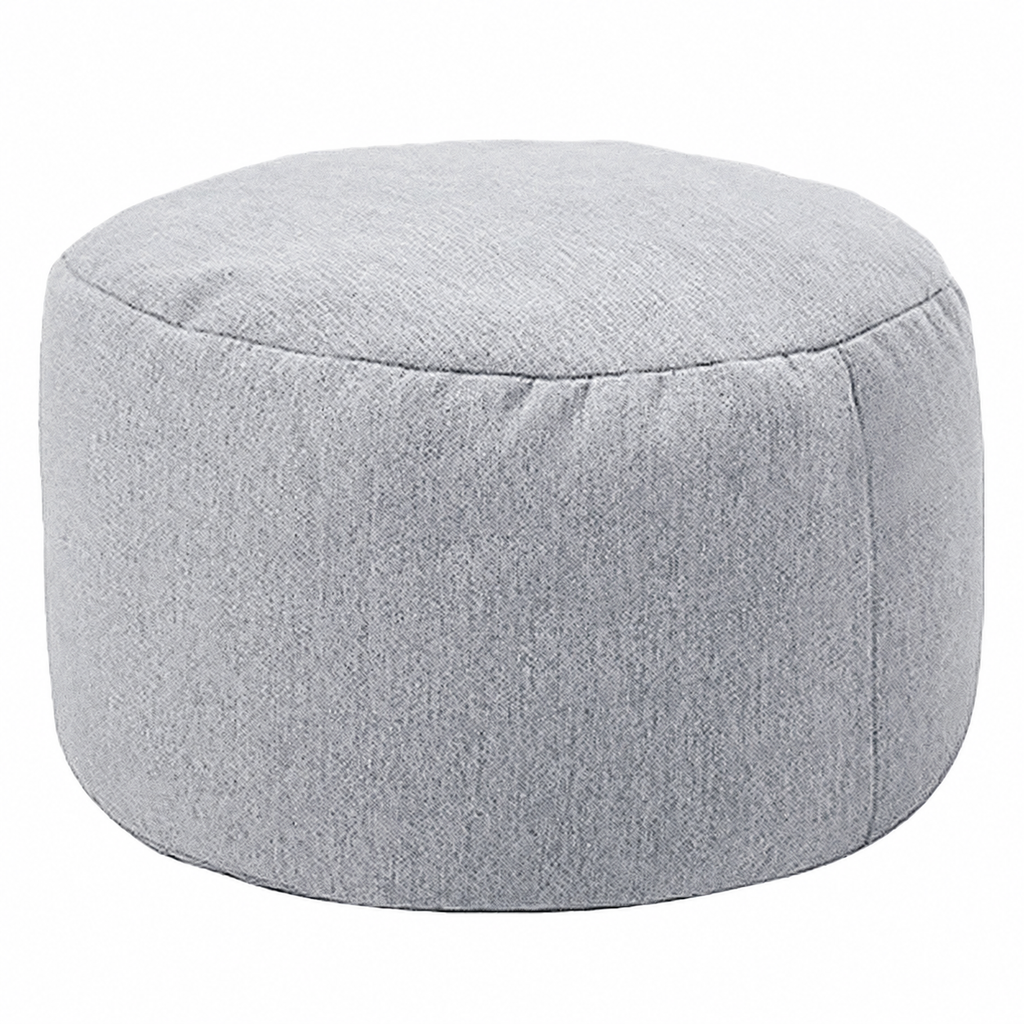 Petit pouf rond rembourré en tissu, gris clair, vue sur fond blanc