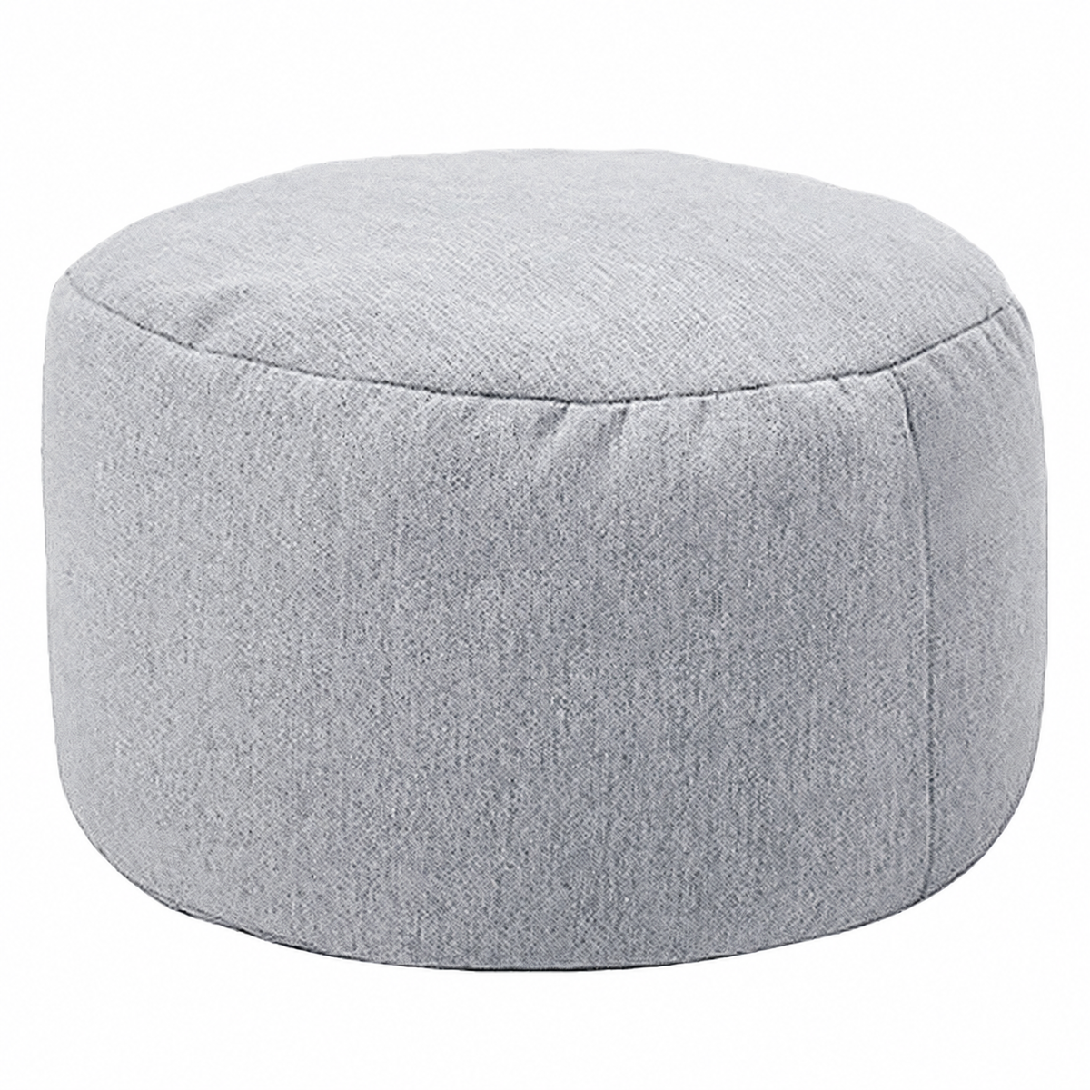 Petit pouf rond rembourré en tissu, gris clair, vue sur fond blanc
