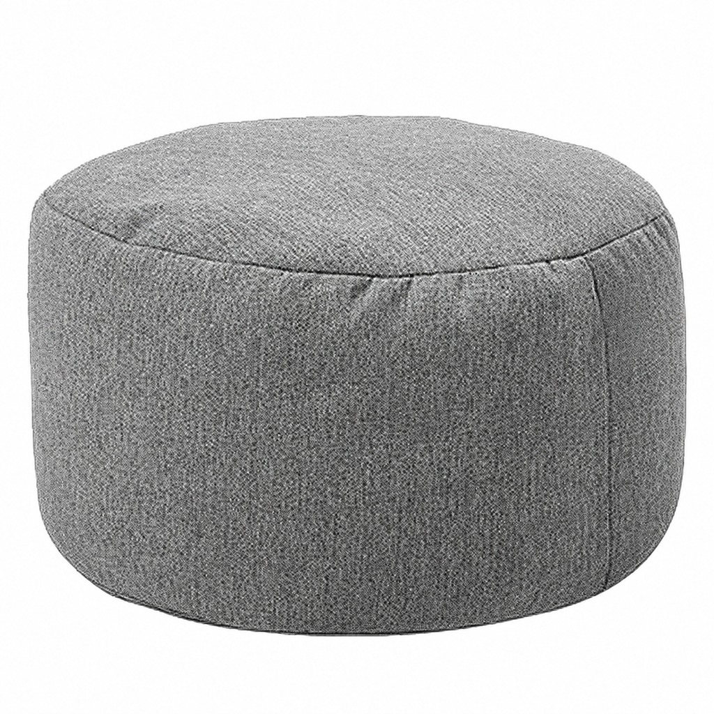 Petit pouf rond rembourré en tissu, gris foncé, vue sur fond blanc