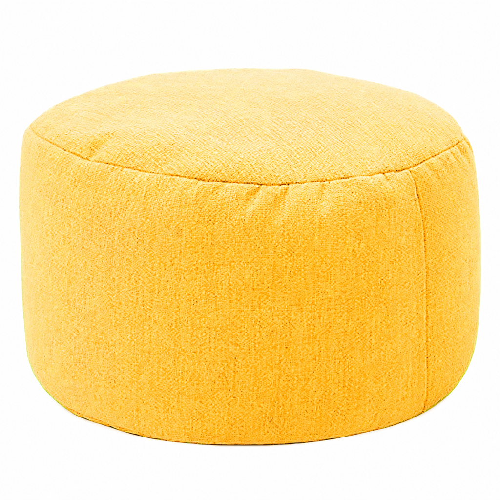 Petit pouf rond rembourré en tissu, jaune, vue sur fond blanc