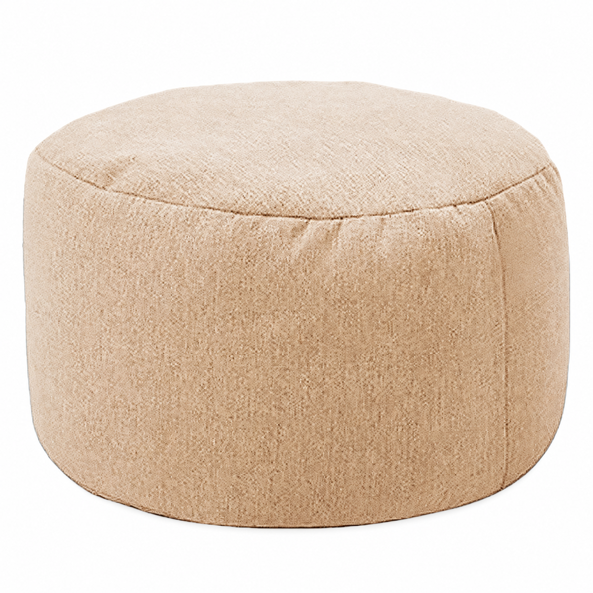 Petit pouf rond rembourré en tissu, kaki clair, vue sur fond blanc