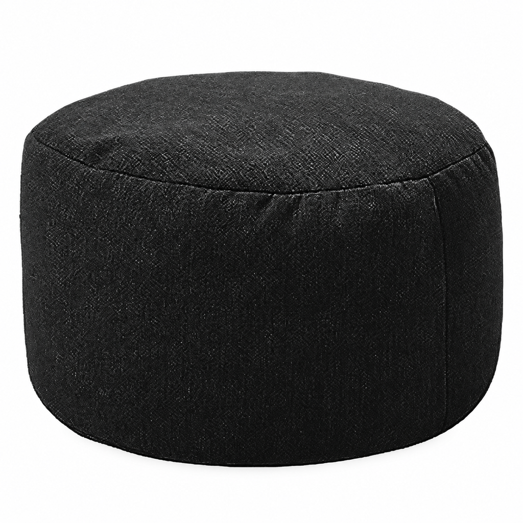Petit pouf rond rembourré en tissu, noir, vue sur fond blanc