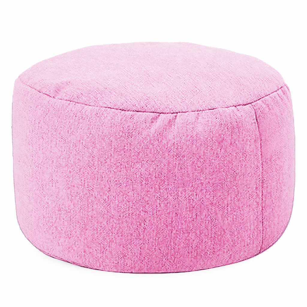 Petit pouf rond rembourré en tissu, rose cerise, vue sur fond blanc